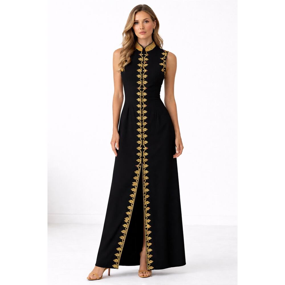 1970s Black Maxi Dress Gold Embellished Folk Boho Medium